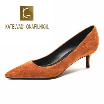 KATELVADI/ дамски обувки; кафяви дамски обувки-лодка от Флока на среден ток 5 см; Zapatos De Mujer; Офис дамски обувки с остър пръсти; дамски обувки, K-321