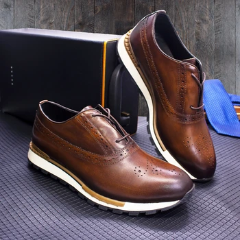 Висококачествени мъжки кожени обувки, Нескользящая удобни ежедневни Кожена ръчно изработени обувки, маратонки с перфорации тип 