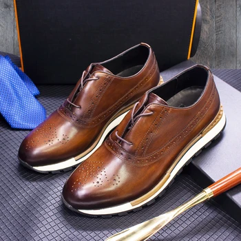 Висококачествени мъжки кожени обувки, Нескользящая удобни ежедневни Кожена ръчно изработени обувки, маратонки с перфорации тип 