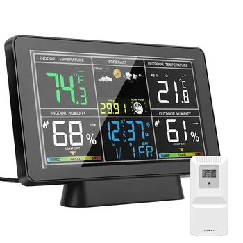 Метеорологичната станция часовници измерване на температурата и влажността в затворени помещения и на улицата сензорен екран за повторение на алармата, безжичен външен сензор