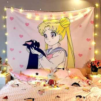 Ресни Аниме Гоблен Сладък Sailor Moon Интериор На Стаята Украса В Общежитието На Колежа Kawai Фея Перална Гоблен Виси Розово Гоблен Изображение 2