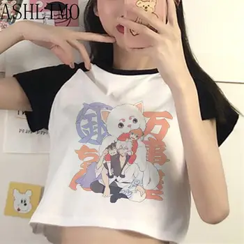 Дамска лятна тениска Kawaii Gintama, Японски съкратен Топ с аниме, модерен естетичен Топ тениска в стил мозайка с анимационни герои Kawaii, тениска Y2K, Манга