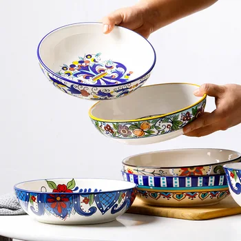 Салатница чиния Европейската и американската креативна керамична суповая плоча, ръчно рисувани 8-инчов дълбока чиния Западна прибори кръгло блюдо