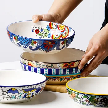 Салатница чиния Европейската и американската креативна керамична суповая плоча, ръчно рисувани 8-инчов дълбока чиния Западна прибори кръгло блюдо Изображение 2