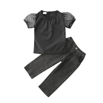 PUDCOCO/ Модни дрехи от 2 теми за малките момичета, Однотонная тениска с пищни ръкави, Потници + Дълги Дънкови Панталони, Летен Комплект ежедневни облекла от 1 до 6 години Изображение 2