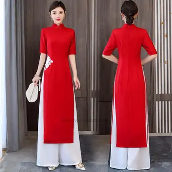 2022 традиционната рокля аодай + панталони, комплект, рокля с бродерия на цветя, женско вьетнамское шифоновое рокля ципао аодай, елегантна вечерна рокля ципао