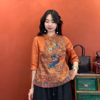 2021 Традиционната Китайска Облекла за Жени, Ретро Топ с Цветна Бродерия Hanfu, Елегантен, Ориенталски Костюм Тан, Китайска Риза