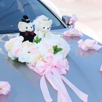 Сватбена Изкуствени Цветя, Копринени Цветя Малки Мечета Роза Набор От Декорации За Сватбен Автомобил На Предната Договореност Сватбена Украса