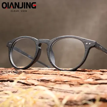 QianJing Мъжки Рамки за Очила Дървена Ретро Кръгли Рамки за Очила за Жени Дървени Очила, Оптични Прости Очила С Прозрачни Лещи