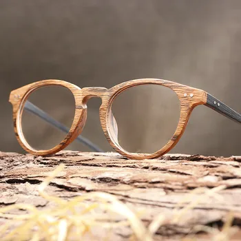 QianJing Мъжки Рамки за Очила Дървена Ретро Кръгли Рамки за Очила за Жени Дървени Очила, Оптични Прости Очила С Прозрачни Лещи Изображение 2