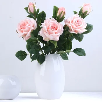 1 букет от 2 глави Клонка Рози Изкуствени Копринени Цветя Домашно Сватбена Украса Ретро Есен Големи Рози Бели Фалшив Декор на Цветя