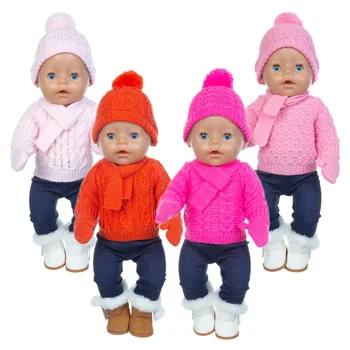 1 комплект, Пуловер, Костюм + шапка + шал + ръкавици, Подходящи за Кукли 17 см 43 см, Дрехи За Новородени, Костюм За Детския Празник За Рожден Ден, Подарък