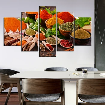 5 Панели Готварска Тема Модулни Картини С Реалистични Подправка Стенно Изкуство, Печат Върху Платно За Кухня Стенен Интериор На Стаята Плакати И Щампи