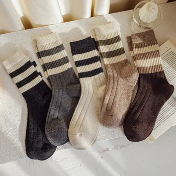Есенно-зимни вълнени чорапи на райета, дамски чорапи със средна дължина, японски Дебели чорапи с Дрямка, дамски чорапи в стил ретро