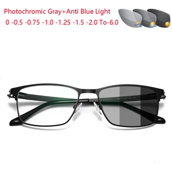 Анти-Синя Светлина и Слънце Фотохромичните Сиви Квадратни Очила По Рецепта на Метални Силови Мъжки слънчеви Очила 0 -0,5 -0,75 -1,0 -6,0