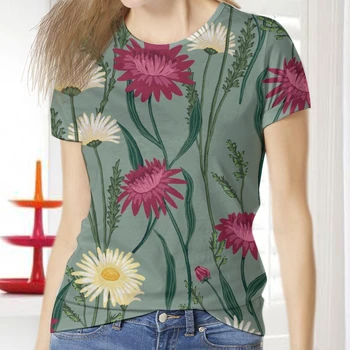 Женска Тениска Camisetas с растително модел, Къс Ръкав, през Цялата Силует, Дамски Дрехи, 3D Принт, Дамски Летни Блузи, Ежедневни, с Кръгло деколте
