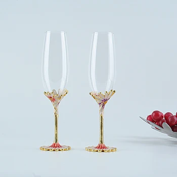 Сватбени Чаши, Шампанско Цвят На Емайла Злато Флейта За Шампанско Слънчогледово Стъклена Основа Украсени Съдове С Високо Качество На Съдове За Напитки