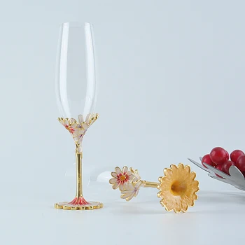 Сватбени Чаши, Шампанско Цвят На Емайла Злато Флейта За Шампанско Слънчогледово Стъклена Основа Украсени Съдове С Високо Качество На Съдове За Напитки Изображение 2