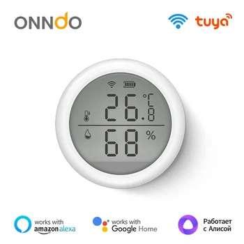 ONNDO Sasha WIFI Интелигентен Сензор за температура и влажност на въздуха, Влагомер За стая, Термометър С LCD Дисплей Алекса Google Assistant