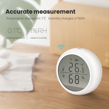 ONNDO Sasha WIFI Интелигентен Сензор за температура и влажност на въздуха, Влагомер За стая, Термометър С LCD Дисплей Алекса Google Assistant Изображение 2