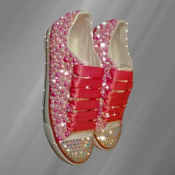 Боядисана парусиновая обувки с ниски берцем, зашити на перлената лента, удобни маратонки, ръчно изработени, вулканизированная обувки с кристали, 35-46 Изображение 2