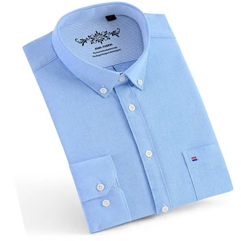 Мъжки Оксфорд риза с Дълъг Ръкав, Ежедневни Обикновена Памучни Ризи в Бизнес стил, Облегающая Риза с Копчета в Ивица, Клетчатая Синя Риза