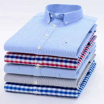 Мъжки Оксфорд риза с Дълъг Ръкав, Ежедневни Обикновена Памучни Ризи в Бизнес стил, Облегающая Риза с Копчета в Ивица, Клетчатая Синя Риза Изображение 2