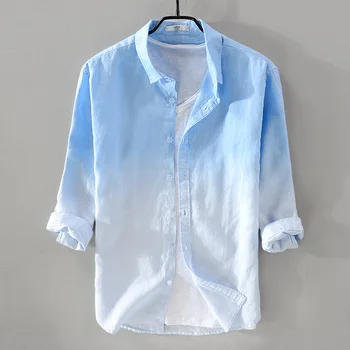Нова Дизайнерска Риза От Чист Лен, Мъжки Брандираната Риза С Ръкав Три Четвърти, Модни Градиентные Сини Ризи За Мъже, Ежедневни Ризата Camisa