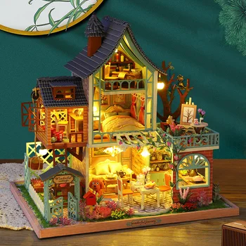 DIY Wooden Куклена Къща Джунглата Курорт Миниатюрни Строителни Комплекти С Кукла Къща, Мебели на Casa Играчки за Деца Подаръци За Рожден Ден За Момичета