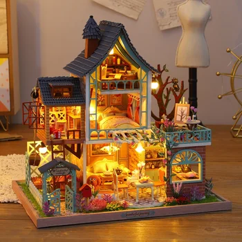 DIY Wooden Куклена Къща Джунглата Курорт Миниатюрни Строителни Комплекти С Кукла Къща, Мебели на Casa Играчки за Деца Подаръци За Рожден Ден За Момичета Изображение 2